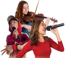A group of young individual musicians, some singing and some playing instruments.